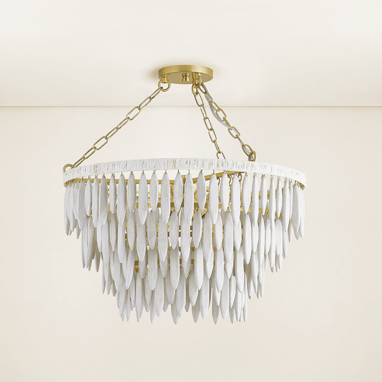Aged Brass and White Washed Wood 4-Light Chandelier