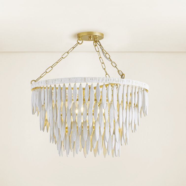 Aged Brass and White Washed Wood 4-Light Chandelier