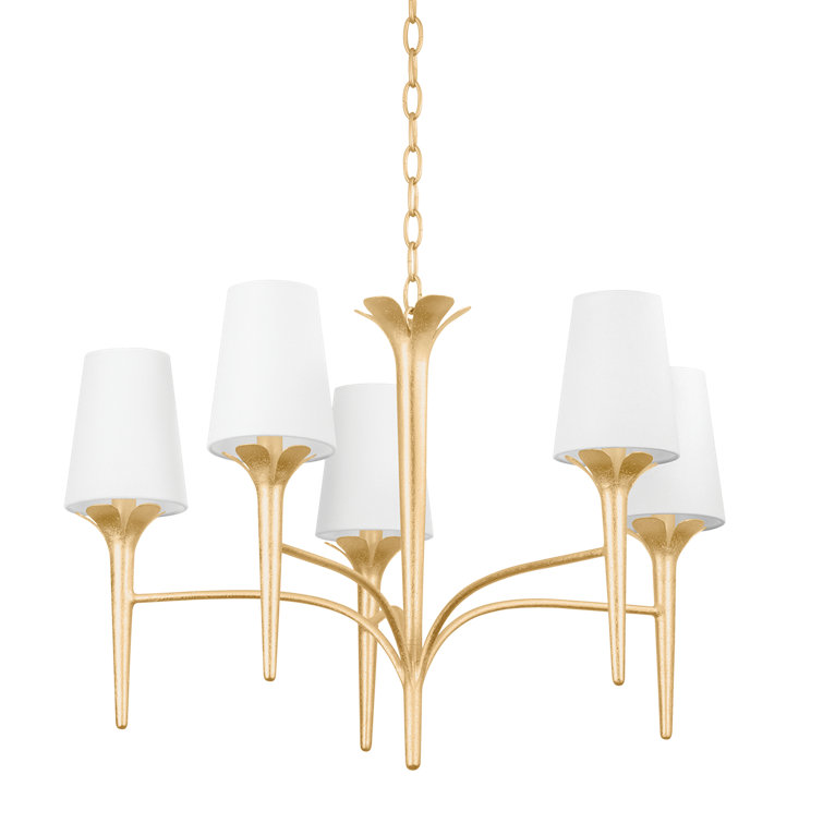 Emily Gold Leaf 5-Light Chandelier with White Linen Shades