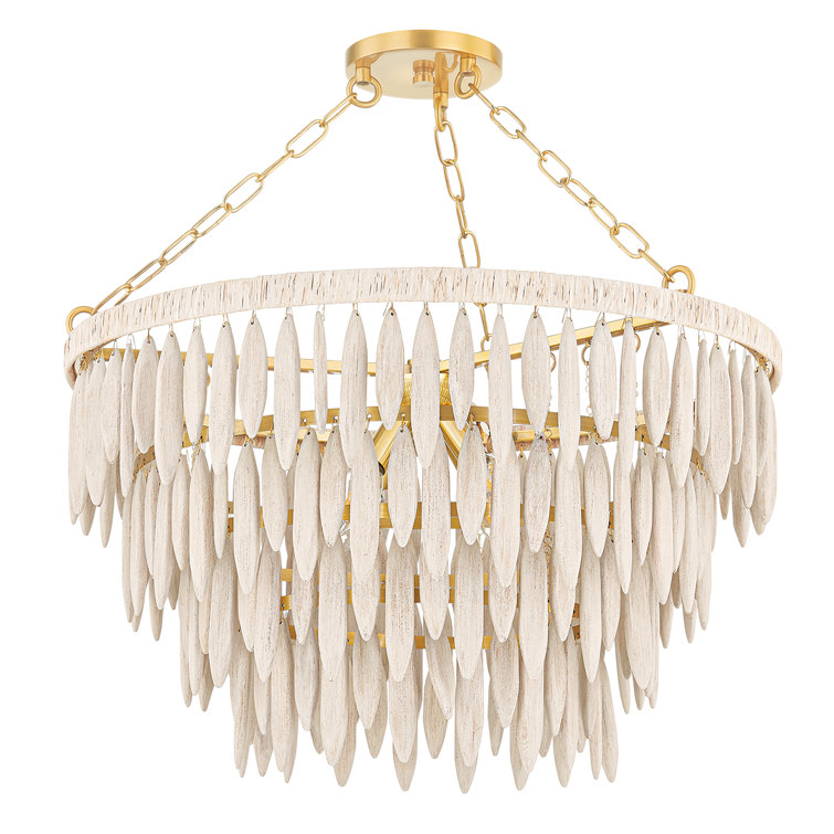 Aged Brass and White Washed Wood 4-Light Chandelier