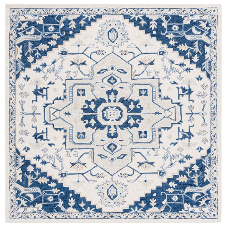 Ivory & Navy Traditional Hand-Knotted Wool Square Rug
