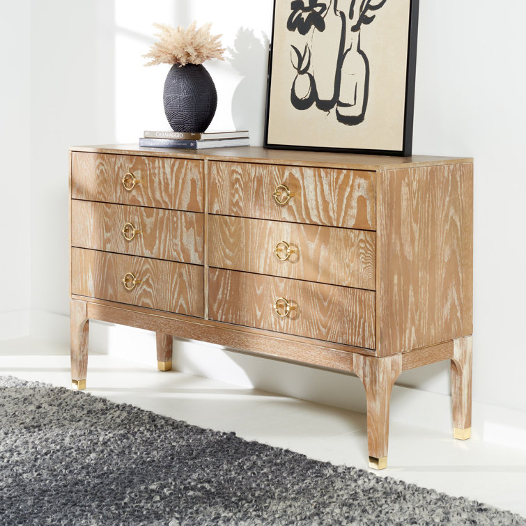 Rustic Oak 6-Drawer Transitional Dresser with Brass Hardware