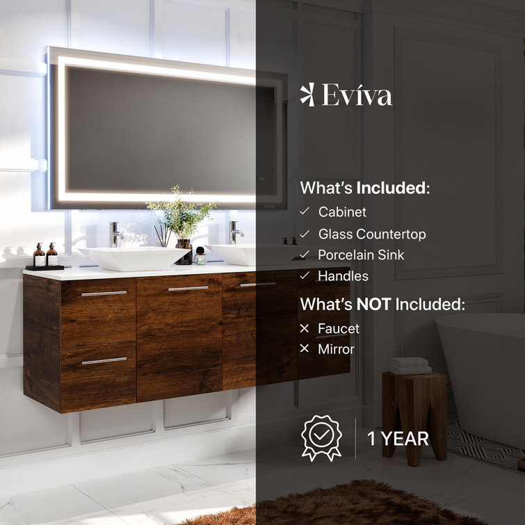 60'' Rosewood Double Wall-Mount Vanity with White Quartz Top