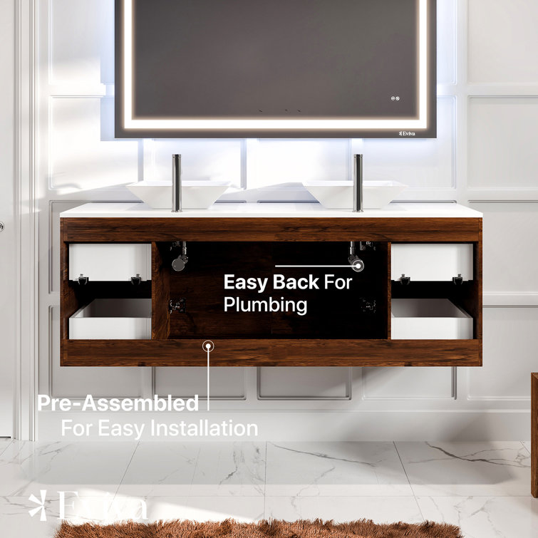 60'' Rosewood Double Wall-Mount Vanity with White Quartz Top