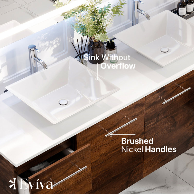 60'' Rosewood Double Wall-Mount Vanity with White Quartz Top