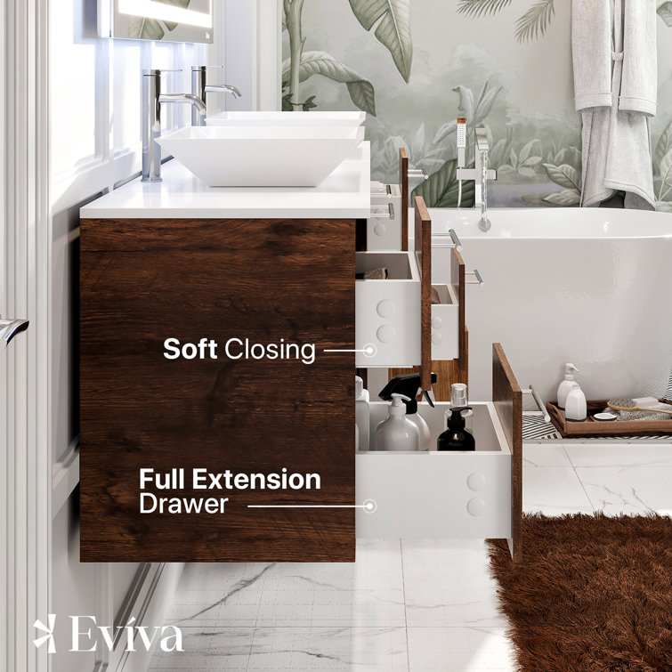 60'' Rosewood Double Wall-Mount Vanity with White Quartz Top