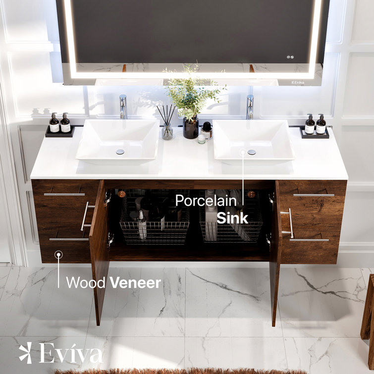 60'' Rosewood Double Wall-Mount Vanity with White Quartz Top