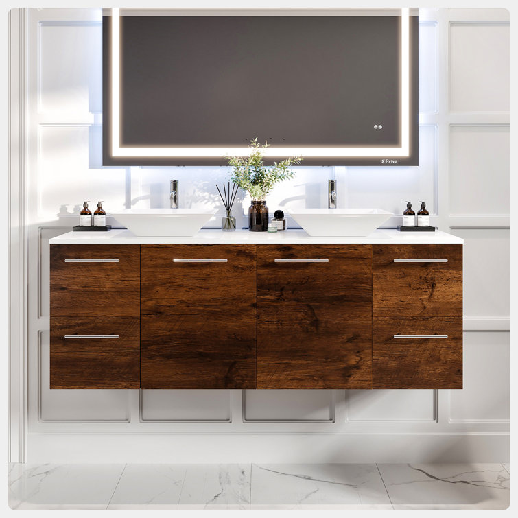 60'' Rosewood Double Wall-Mount Vanity with White Quartz Top