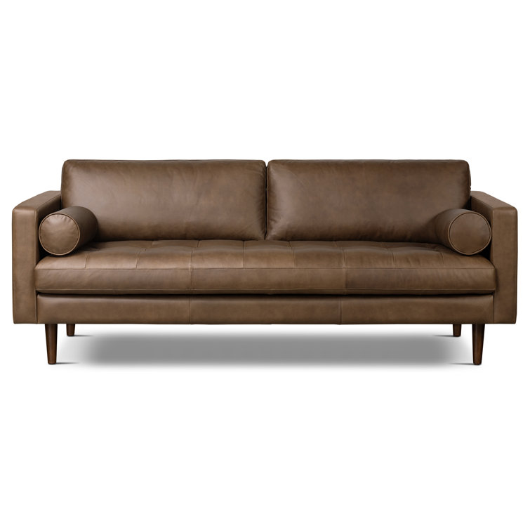 Napa Cocoa Brown Full-Grain Leather Sofa with Solid Wood Frame