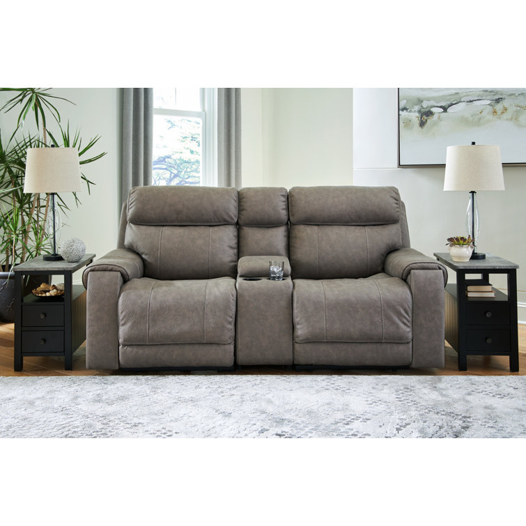 87'' Gray Faux Leather Reclining Loveseat with Storage Console