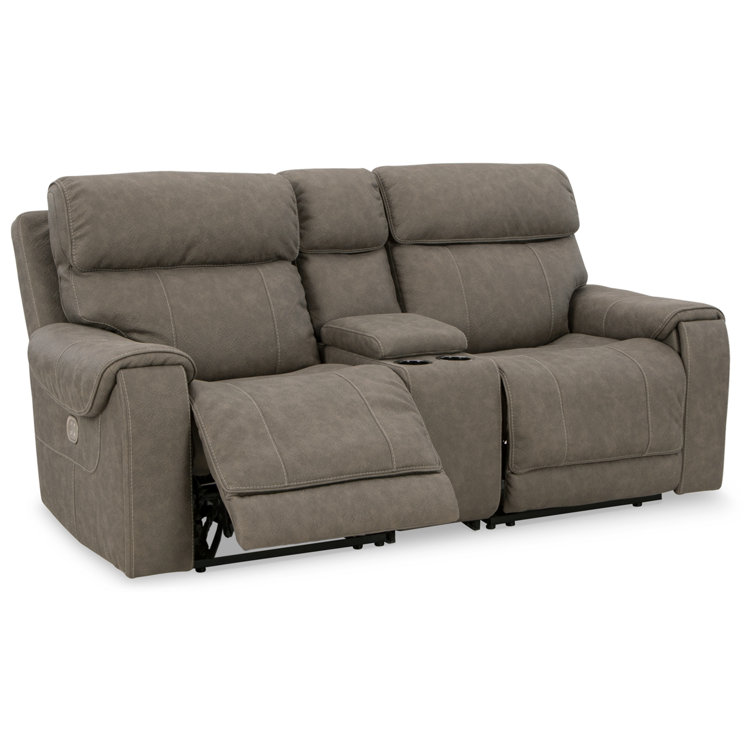 87'' Gray Faux Leather Reclining Loveseat with Storage Console