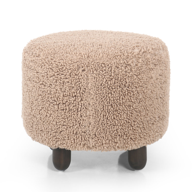 Round Toast Faux Shearling Ottoman with Burnt Birch Legs