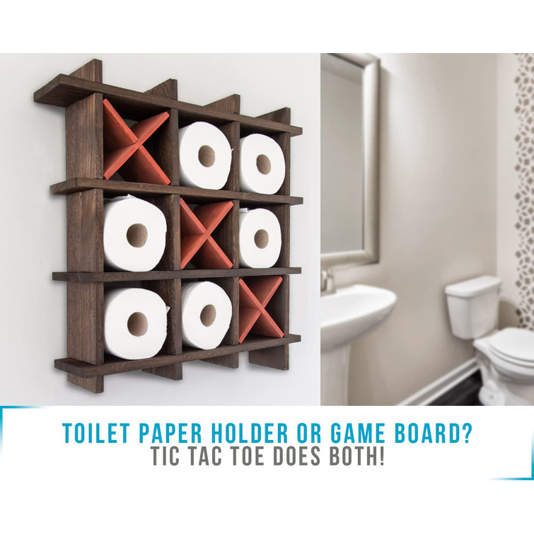 Rustic Brown Paulownia Wood Wall Mounted Tic-Tac-Toe Toilet Paper Holder