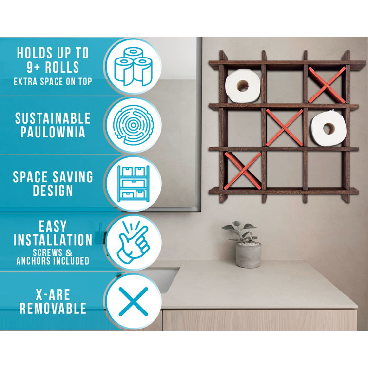 Rustic Brown Paulownia Wood Wall Mounted Tic-Tac-Toe Toilet Paper Holder