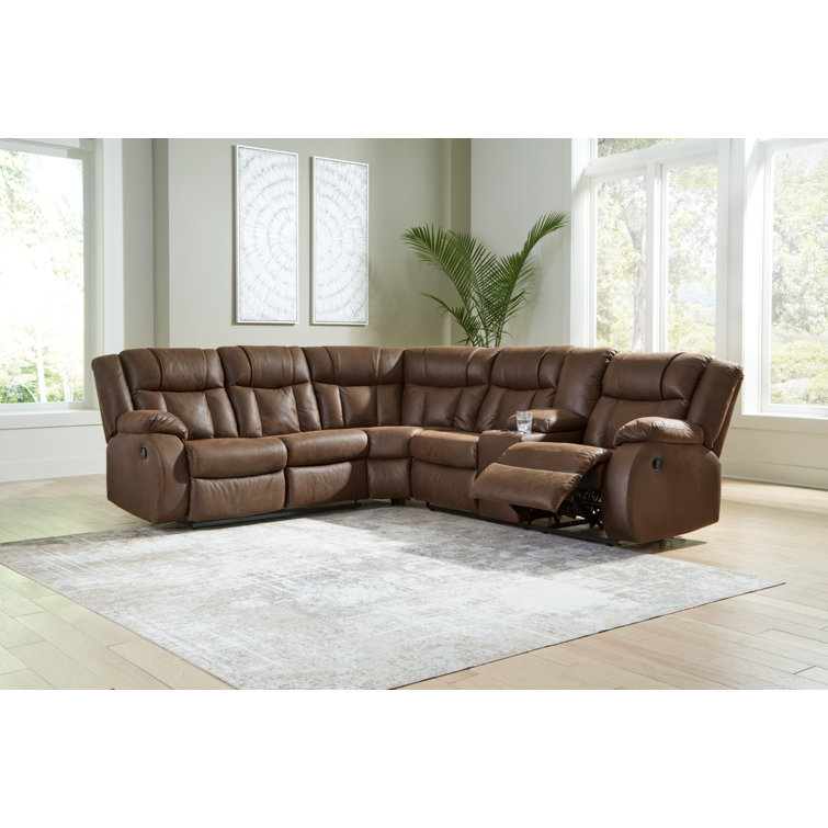 Walnut Faux Leather Two-Piece Reclining Sectional with Cup Holder