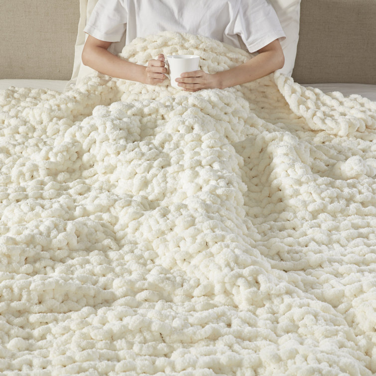 Ivory Chenille Luxurious Chunky Knit 50"x60" Throw Blanket