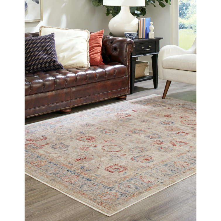 Ivory and Red Synthetic Rectangular 5' x 7' Area Rug