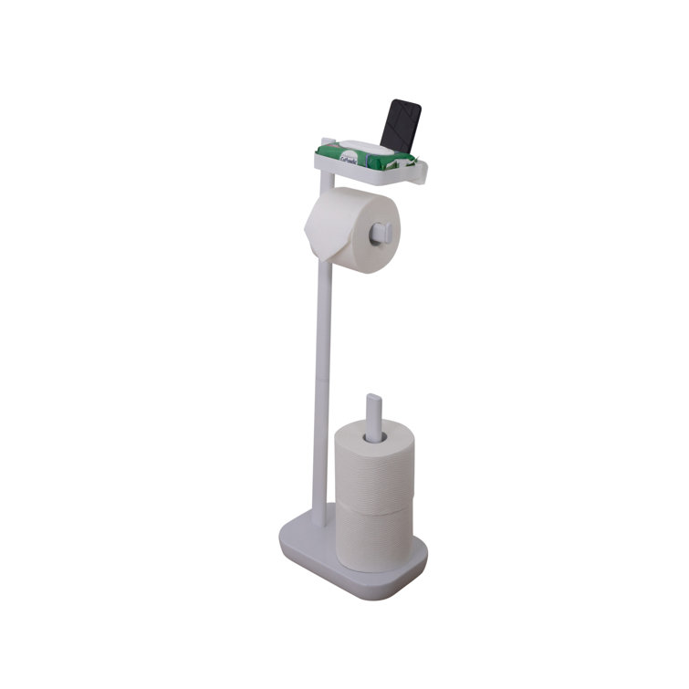 White Freestanding 3-in-1 Toilet Paper Holder with Adjustable Shelf