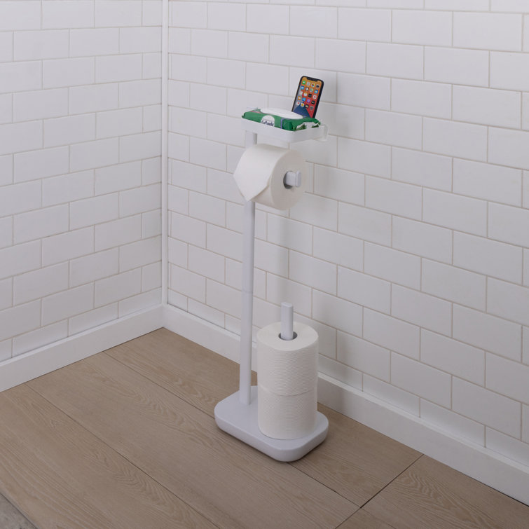 White Freestanding 3-in-1 Toilet Paper Holder with Adjustable Shelf