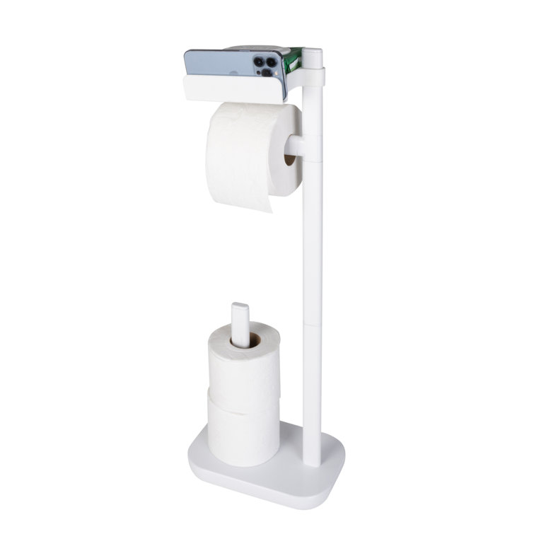 White Freestanding 3-in-1 Toilet Paper Holder with Adjustable Shelf
