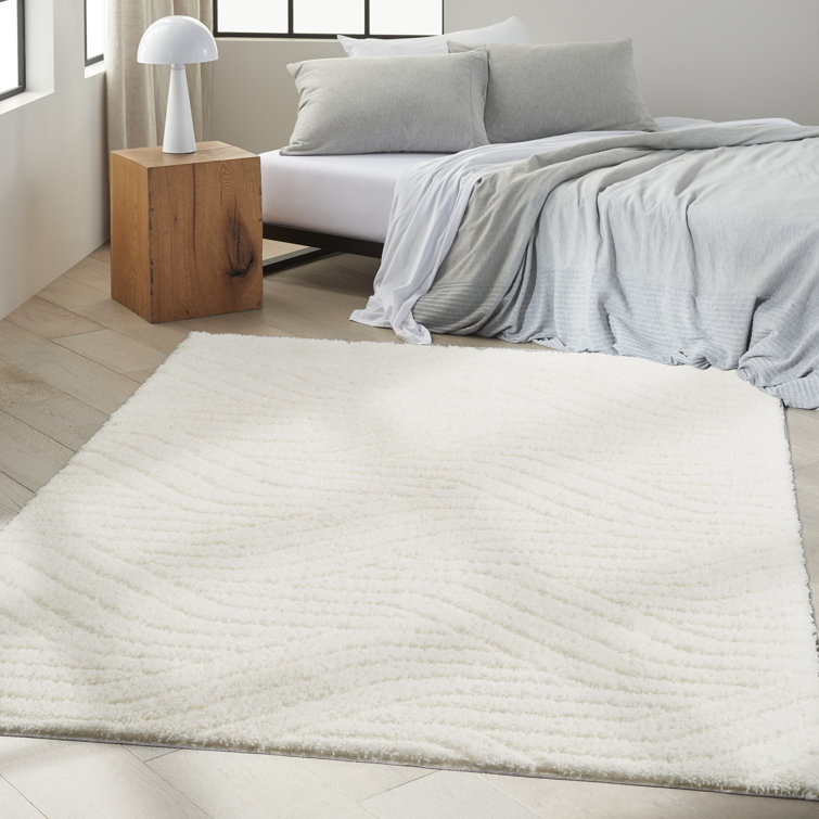 Ivory Abstract Shag Wool and Synthetic 4' x 6' Rug