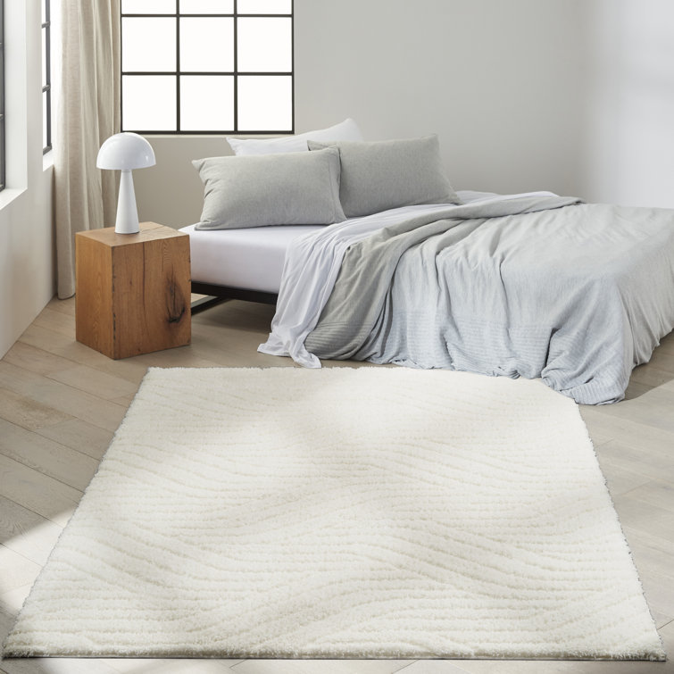 Ivory Abstract Shag Wool and Synthetic 4' x 6' Rug