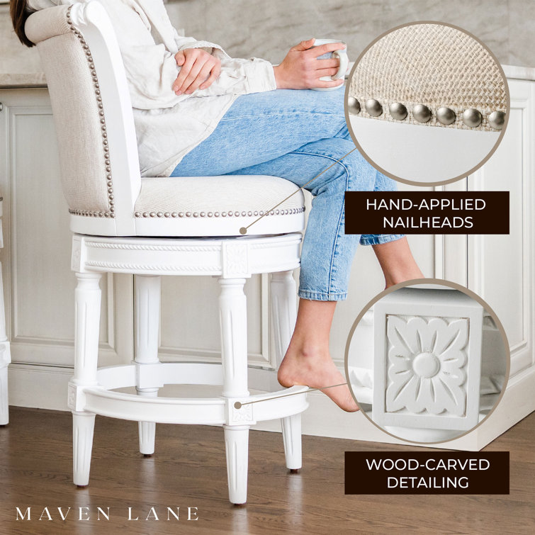 Alabaster White Leather-Wood Swivel Counter Stool with Nailhead Trim