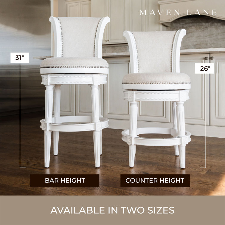 Alabaster White Leather-Wood Swivel Counter Stool with Nailhead Trim