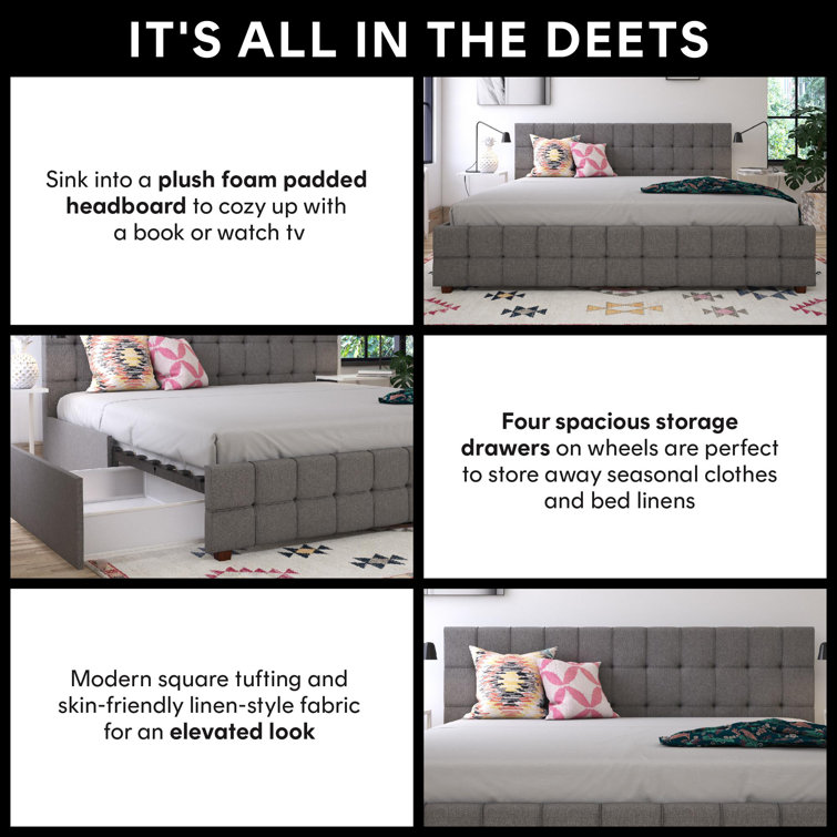 King-Size Gray Linen Upholstered Storage Bed with Tufted Design & 4 Drawers