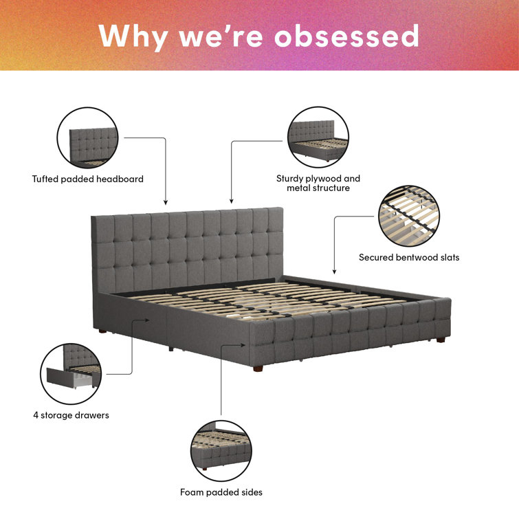 King-Size Gray Linen Upholstered Storage Bed with Tufted Design & 4 Drawers
