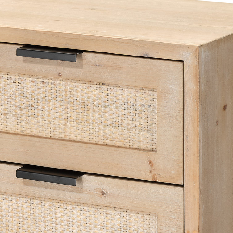 Coastal Charm 3-Drawer Wood & Iron Side Table with Rattan Accents