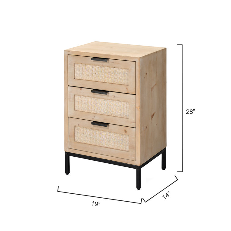 Coastal Charm 3-Drawer Wood & Iron Side Table with Rattan Accents