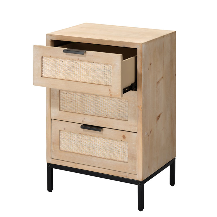 Coastal Charm 3-Drawer Wood & Iron Side Table with Rattan Accents