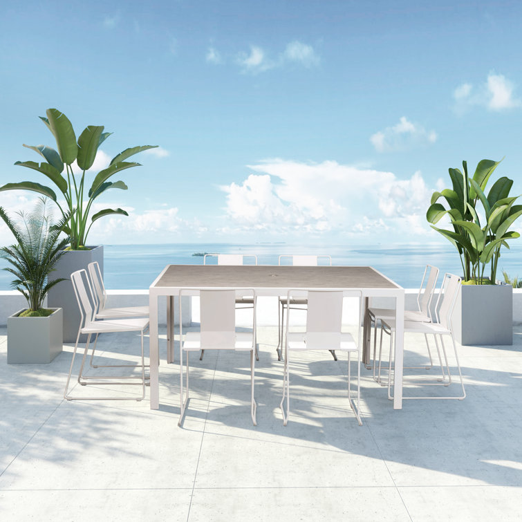 Matte White Modern Outdoor Dining Set with Tempered Glass Top