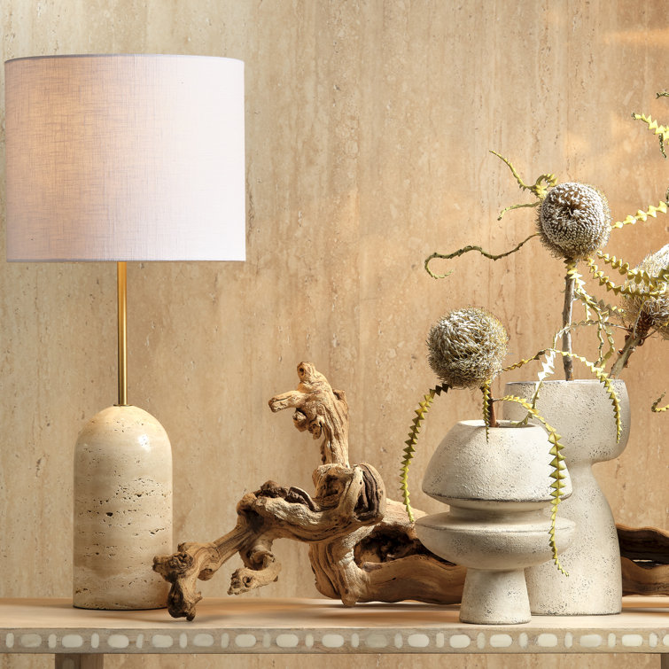 Handcrafted Travertine Table Lamp with White Linen Shade