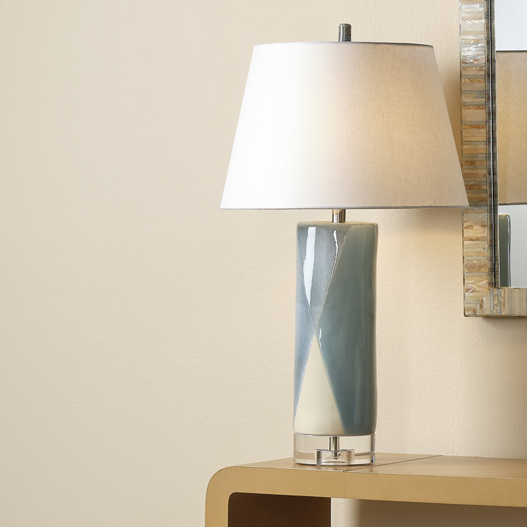 Blue and Cream Ceramic Table Lamp with White Linen Shade
