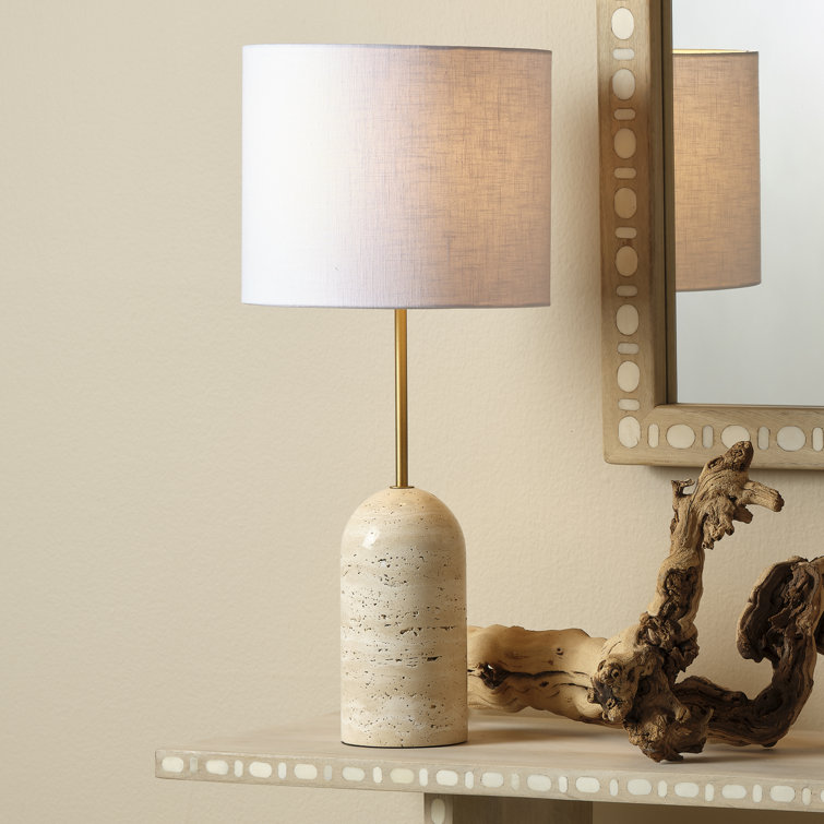 Handcrafted Travertine Table Lamp with White Linen Shade