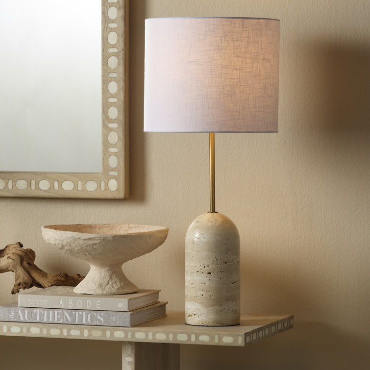 Handcrafted Travertine Table Lamp with White Linen Shade