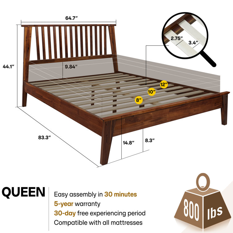 Queen Chocolate Acacia Wood Platform Bed Frame with Slatted Headboard