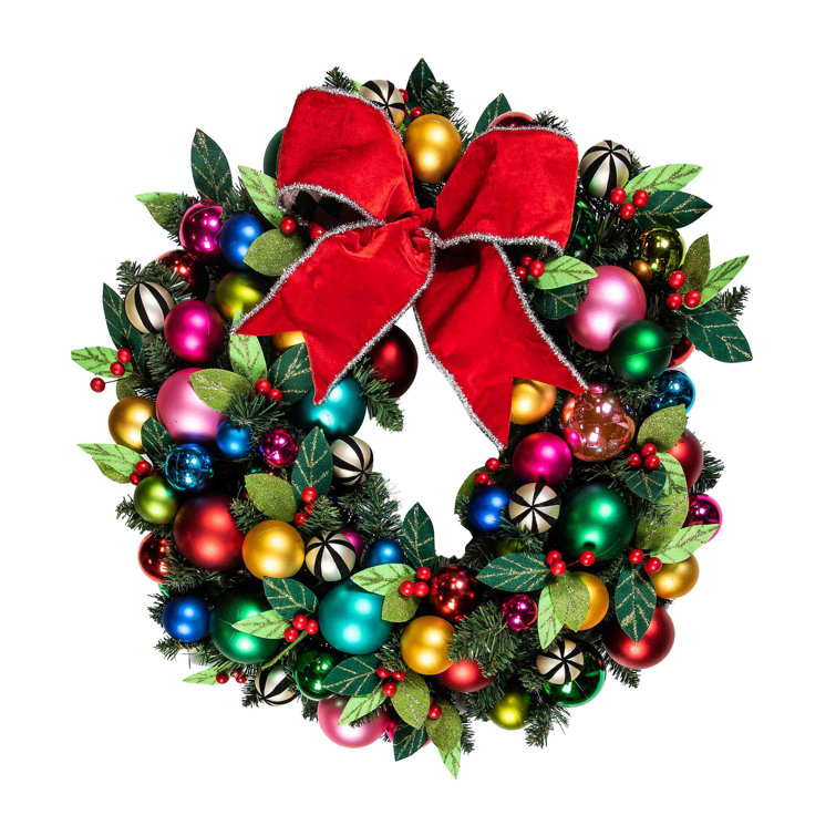 Multicolor Glittered Artificial Christmas Wreath with Red Ribbon