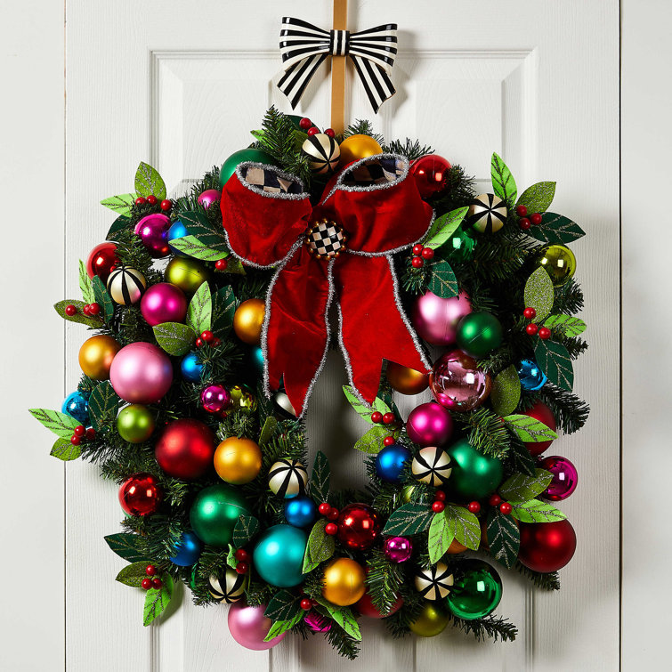 Multicolor Glittered Artificial Christmas Wreath with Red Ribbon