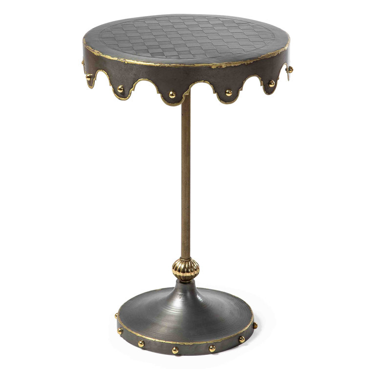 Brown Iron Round Pedestal Accent Table with Brass Trim