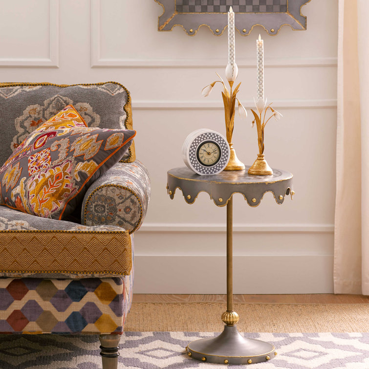 Brown Iron Round Pedestal Accent Table with Brass Trim