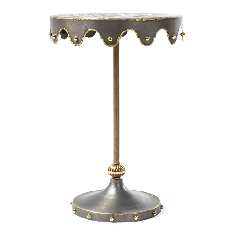 Brown Iron Round Pedestal Accent Table with Brass Trim