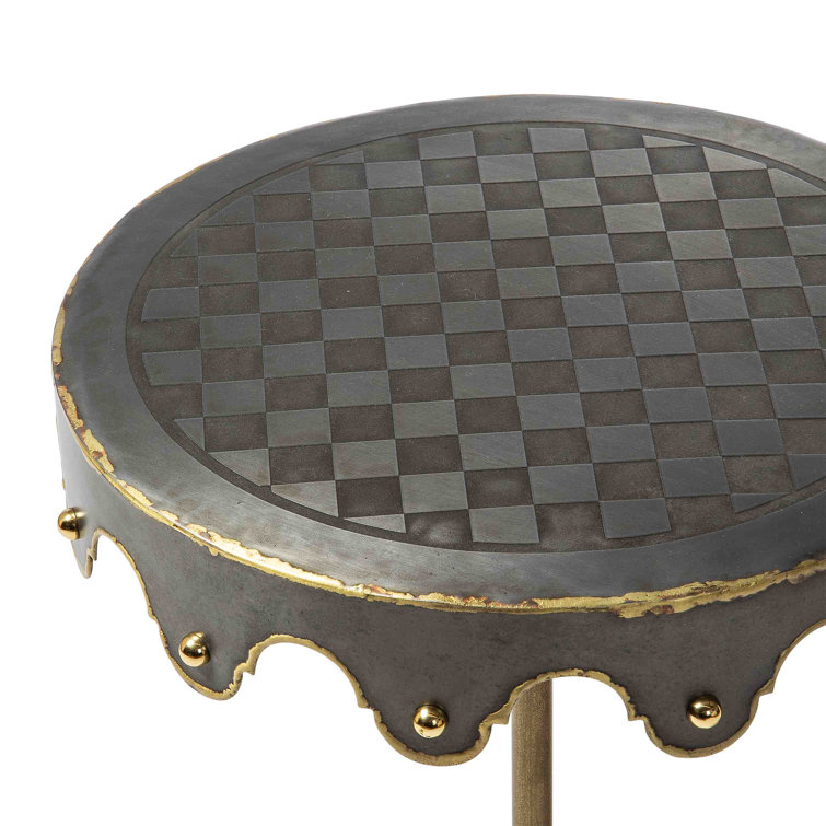 Brown Iron Round Pedestal Accent Table with Brass Trim