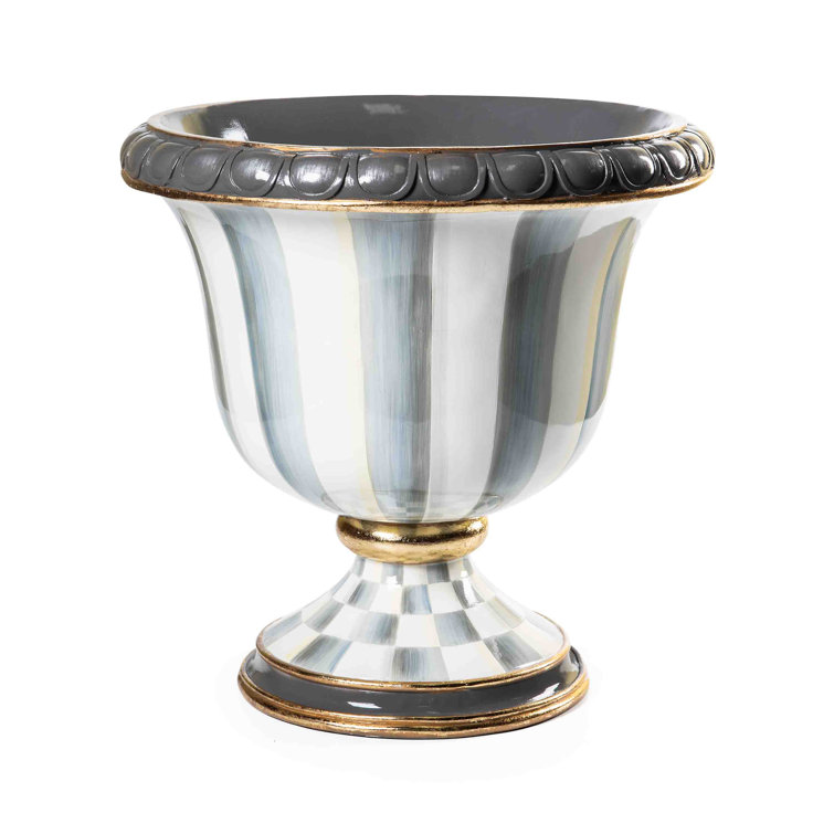 Handcrafted Gray and White Trumpet Vase with Golden Accents