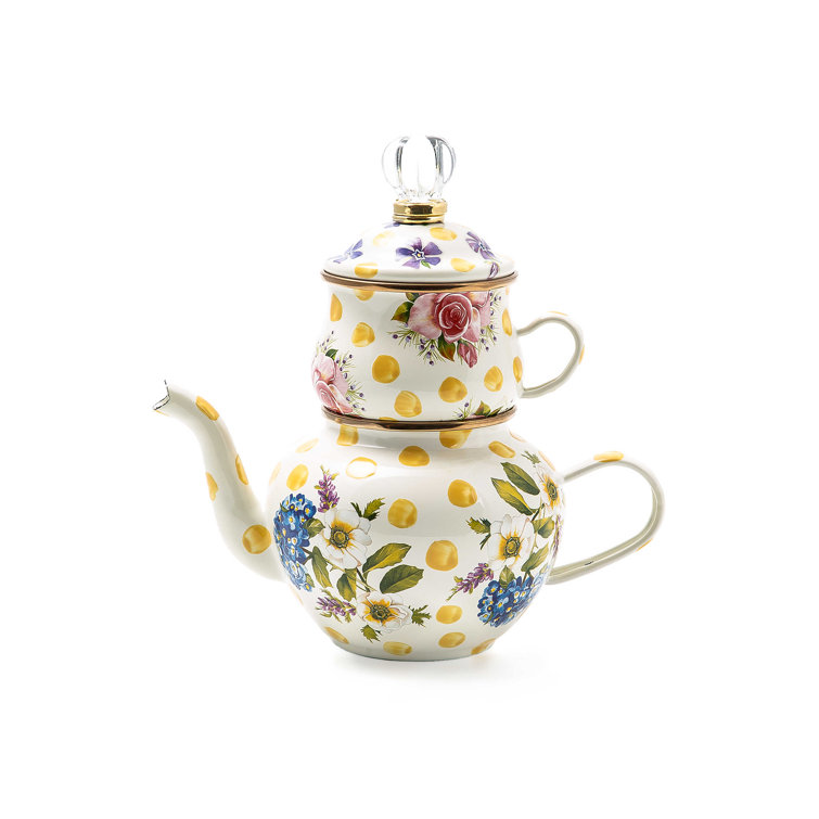 Yellow Floral Enamel High Tea Set with Bronzed Rim