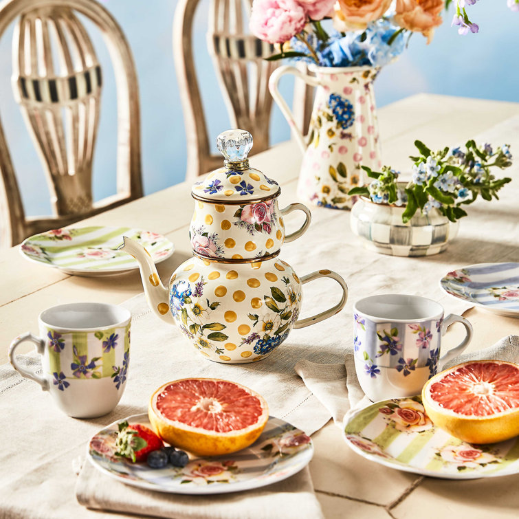 Yellow Floral Enamel High Tea Set with Bronzed Rim