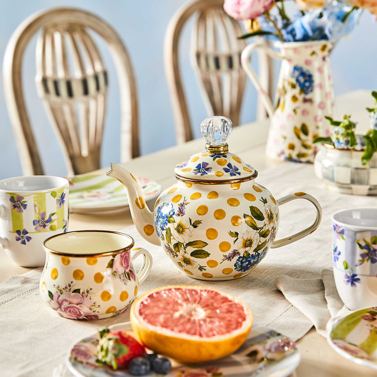 Yellow Floral Enamel High Tea Set with Bronzed Rim