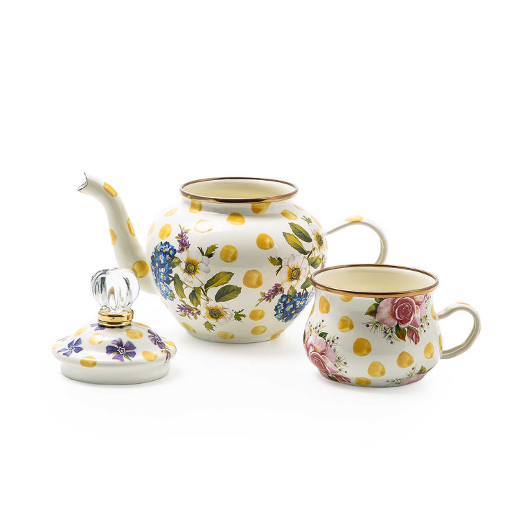 Yellow Floral Enamel High Tea Set with Bronzed Rim